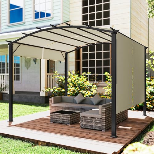 Outsunny 11' x 11' Outdoor Retractable Pergola Canopy, Arched Sun Shade Shelter, Metal Frame Patio Canopy for Backyard, Garden, Porch, Beach, Beige