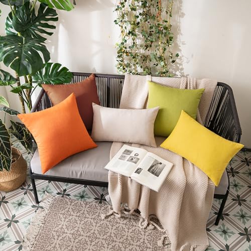MIULEE Pack of 2 Decorative Outdoor Solid Waterproof Throw Pillow Covers Faux Linen Garden Farmhouse Cushion Cases for Summer Patio Tent Balcony Couch Sofa 18x18 Inch Orange