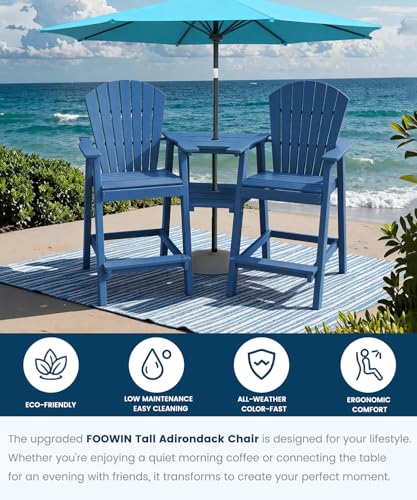 FOOWIN Tall Adirondack Chair Set of 2, All Weather HDPE Bar Height Adirondack Chair with Double Connecting Trays, Adirondack Barstools for Balcony, Deck, Backyard, Patio, Garden Navy Blue