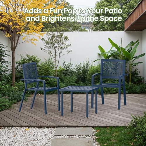 BUPPLEE 3 Piece Patio Bistro Set, Outdoor Steel Furniture Set, Stackable Modern Conversation Sets for Balcony Garden Deck Patio w/2 Chairs 1 Table, Peacock Blue