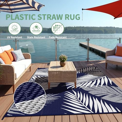sarben Outdoor Rug 5’x8’ Waterproof for Patio Clearance, Reversible Indoor Outdoor Plastic Straw Camping Rug Carpet, RV Mat, Large Area Rug for Deck, Backyard, Balcony, Porch, Beach, Blue & White