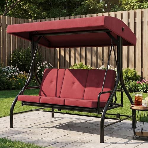IDEALHOUSE Porch Swing with Stand, 3 Seat Outdoor Patio Swing, 2-in-1 Convertible Swing Bed, Stepless Adjustable UV Resistant Waterproof Canopy, 800 Lbs Capacity, Cushioned Swing for Garden Backyard