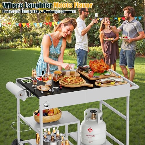Shintenchi Pizza Oven Cart Table with Topping Station and Wheels, Outdoor Tabletop Grill Table Stand, Movable Food Prep Workcart Fits for Ninja and Blackstone Woodfire Grill