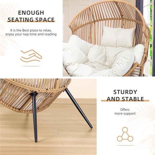 Vongrasig Outdoor Wicker Egg Chair PE Rattan Chair with Cushion, Oversized Patio Lounge Chair for Outdoor, Indoor, Balcony, Backyard, Garden, Beige