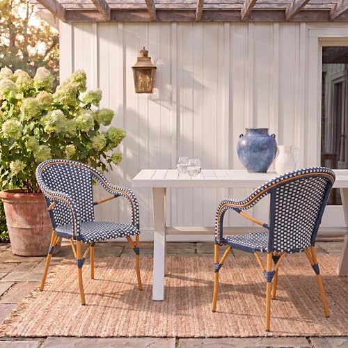 SAFAVIEH Outdoor - California Armchair Set of 2 - Navy & White - Faux Wicker & Aluminum Frame - Woven Bistro Design with Arms - Ideal for Patio, Sunroom, Dining Area, 17.3" Seat Height (PAT7531E-SET2)