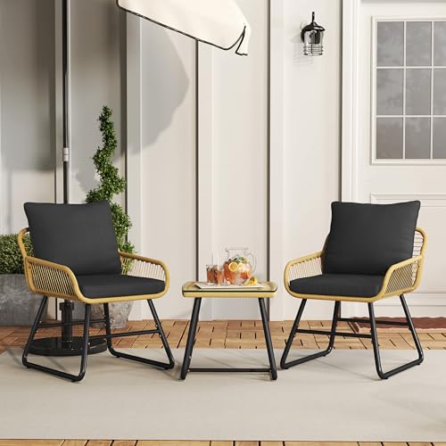 Yaheetech 3 Piece Patio Bistro Set Outdoor Wicker Bistro Furniture Sets, 2 Rattan Chairs and Glass Top Table for Patio, Balcony, Porch, Poolside, Backyard 3 PCS/Tan/Black
