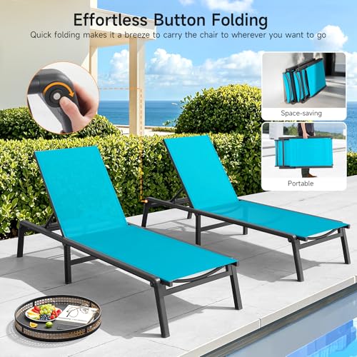 Aluminum Chaise Lounge Chair Outdoor, Foldable & Assembly Free Outdoor Lounge Chair with 5 Position Adjustable Backrest, Patio Pool Lounge Chairs for Outside Poolside Beach Lawn, 1PC, Lake Blue