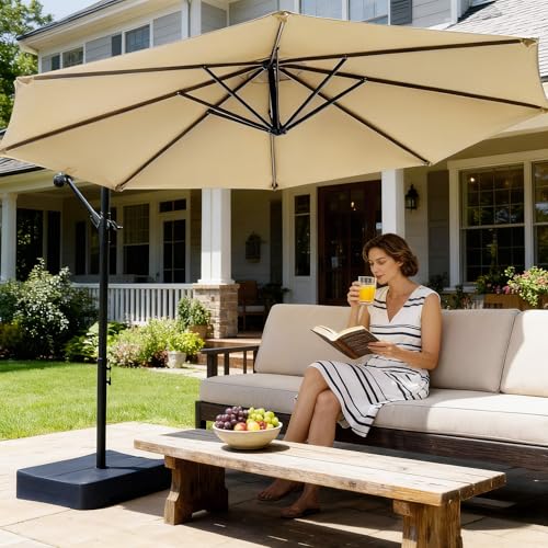 OLILAWN Cantilever Offset Patio Umbrellas, Outdoor 10 feet Large Patio Umbrella with Base Included, Upgraded Yarn-dyed Fabric Shade, Sturdy 8 Rids, 360 Degree Rotation & Easy Tilt Adjustment, for Resort Courtyard Hotel Leisure Zone Commercial Leisure Terr
