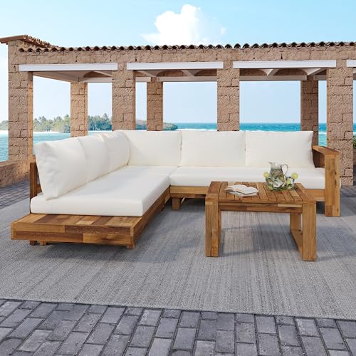 CKLMMC Acacia Wood 4pc Outdoor Sectional Sofa Set with Cushions and Slatted Design - Modern Patio, Deck & Garden Seating for Ultimate Comfort