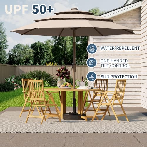 Patio Kingdom 10FT Patio Umbrella 3 Tiers Outdoor Market Umbrella w/Push Button Tilt, Crank, UV and Waterproof Table Umbrella for Garden, Pool, Backyard, Deck, Lawn, Beige