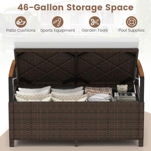 RELAX4LIFE Wicker Outdoor Storage Bench - Rattan Deck Box w/Protective Liner for Patio Furniture Pillows, Pool Supplies & Garden Tools, Porch Loveseat with Seat Cushion, Acacia Wood Armrests