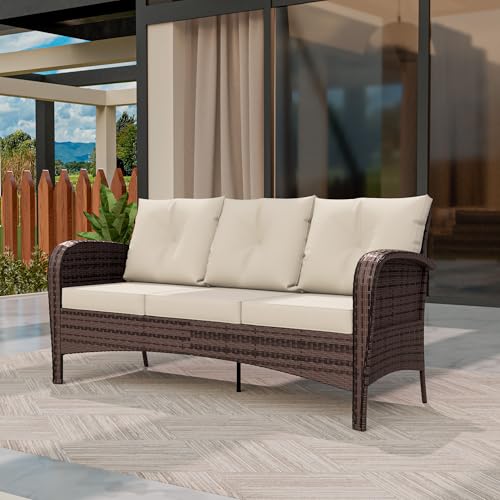 Qsoer Patio 3-Seater Sofa, PE Wicker Outdoor Lounge with Thick Removable Cushions, Rust-Proof Steel Frame, 900LBS Capacity, Beige