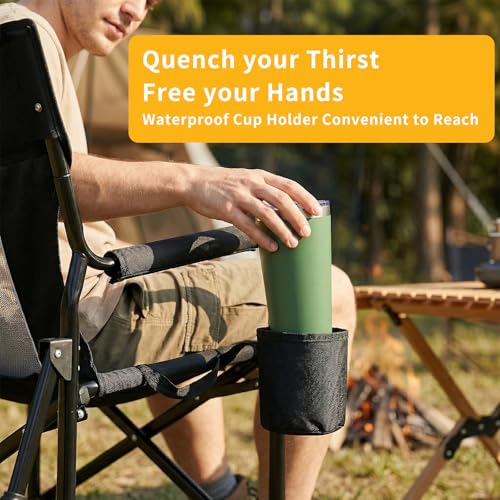 HAPPYMONT Folding Rocking Chair for Adults - Outdoor Camping and Lawn Chair with Breathable Mesh, Detachable Waterproof Armrests and Cup Holder – Portable Travel Seat, Black