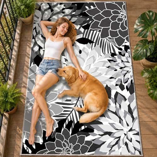 ZonLi Outdoor Rug 9x12Ft Waterproof Multicolored Black White Indoor Area Rug Washable Outdoor Patio Rugs Tropical Floral Non Slip Outdoor Carpet for Living Room, Pool,Backyard,Deck,Camping.