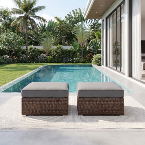 SUNBURY 2 Piece Outdoor Wicker Patio Ottoman Set, 30" Large Square Footrest with Thick Removable Cushion, All-Weather PE Rattan Stool for Backyard Poolside Porch, Grey