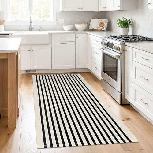 KILOCOCO Beige Striped Rug 3x5 Indoor Outdoor Rugs Front Door Rugs Hand Woven Cotton Washable Striped Layered Doormats for Front Porch/Kitchen/Farmhouse/Entryway/Patio