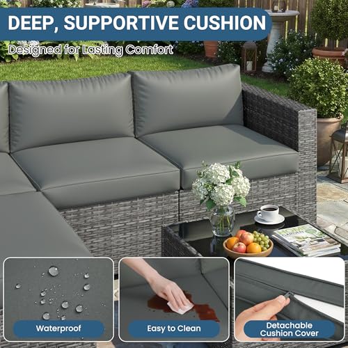 Wisteria Lane 5-Pieces Outdoor Patio Furniture Set, All Weather Wicker Rattan Sectional Sofa, Patio Conversation Set with Cushions & Glass Coffee Table for Backyard Porch Garden Balcony, Grey