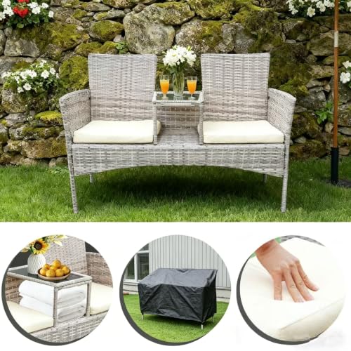 2-Seat Gray Wicker Outdoor Loveseat with Glass Coffee Table & cushions