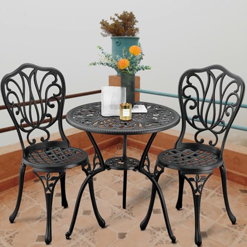 ZOTORUN 3-Piece Outdoor Bistro Set Cast Aluminum Patio bar Set with Umbrella Hole, Balcony, Backyard(Black, Butterfly)