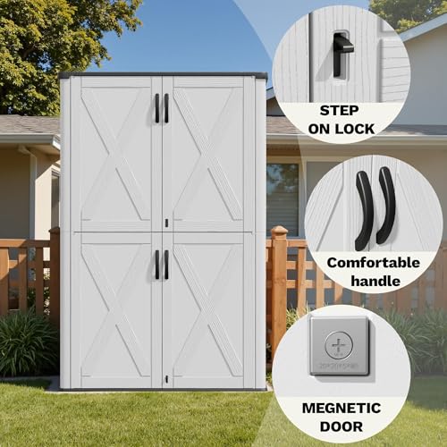 Devoko 50 Cu Ft Plastic Outdoor Storage Shed, Vertical Resin Storage Cabinet with Lockable Door, Durable Storage Shed for Patio Furniture, Pool Toys, Garden Tools, White, Shelf Not Included