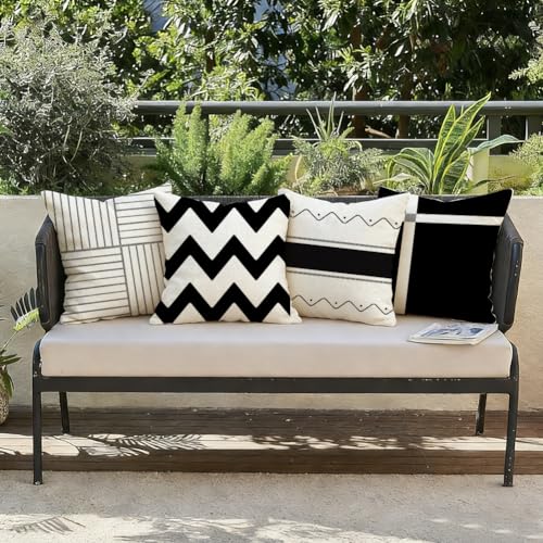 RABUSOFA Outdoor Pillow Covers Waterproof 18x18 Inch,Black Modern Geometry Decorative Cushion Cases Decoration for Patio Furniture Sunbrella Garden Set of 4 (Black, 18" x 18" (Pack of 4))