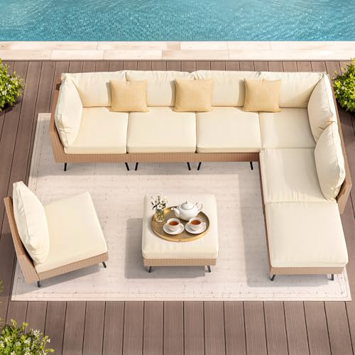 Pamapic 8-Piece Wicker Outdoor Furniture Set, All-Weather Patio Conversation Set with Thick Cushions & 2 Multi-Use Ottomans, Sectional Sofa Patio Furniture Set for Backyard, Porch, Beige