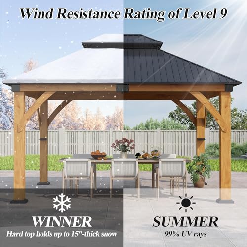 GARTOO 11’x 13’ Outdoor Spruce Wood Gazebo - Patio Hardtop Gazebo Permanent Wooden Pavilion with 2 Shelves, Galvanized Steel Double Roof Wooden Gazebos for Garden, Porch, Lawn, Poolside, Backyard