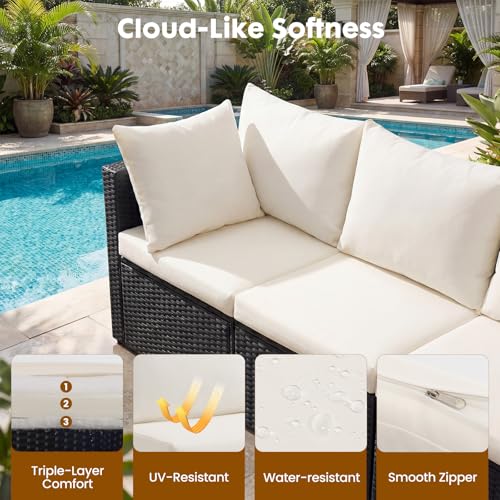 DUMOS 7 Piece Outdoor Patio Sectional Sofa, Modular Wicker Furniture Set with 2.8" Thick Cushions, Adjustable Feet, Weather-Resistant Rattan Outdoor Couch for Backyard, Deck, Garden, Poolside, Black