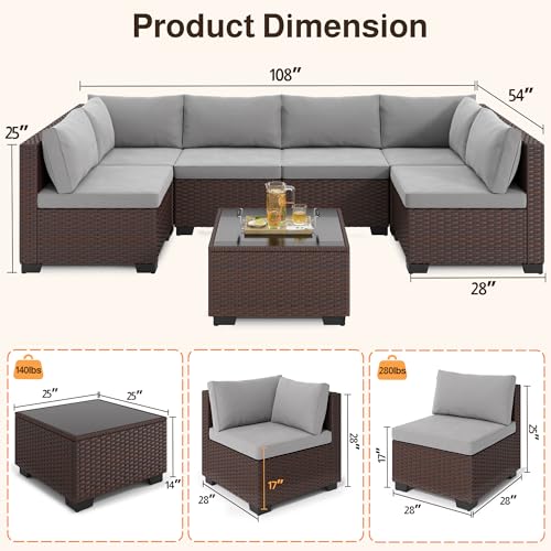 Ahomly 7-Piece Patio Furniture Set, Outdoor Sectional Couch with Water-Resistant Cushions & Coffee Table, PE Rattan Outdoor Patio Sofa Set for Backyard, Deck, Garden, or Porch, Grey