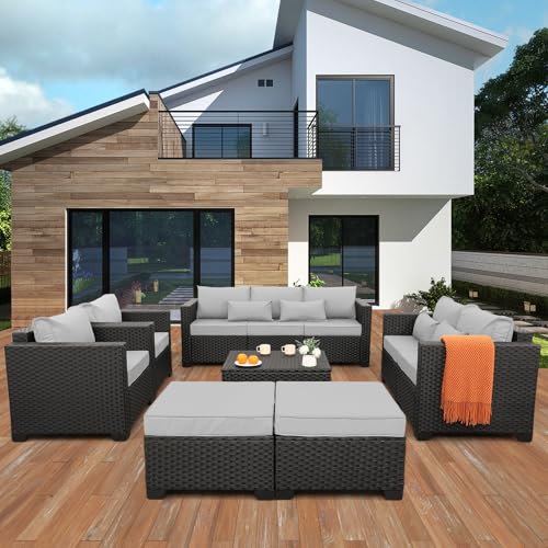Rattaner Patio Furniture Sets 7 Pieces Outdoor Furniture Sectional Patio Couches Set with Storage Table Light Grey Cushions