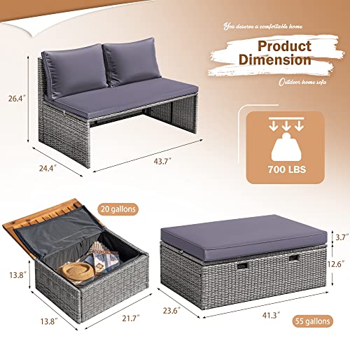 Devoko Patio Day Bed with 2 Side Tables Outdoor Daybed Set MultifunctionalRattan Lounge Bed for Backyard Porch Poolside Lawn Beach (Gray)