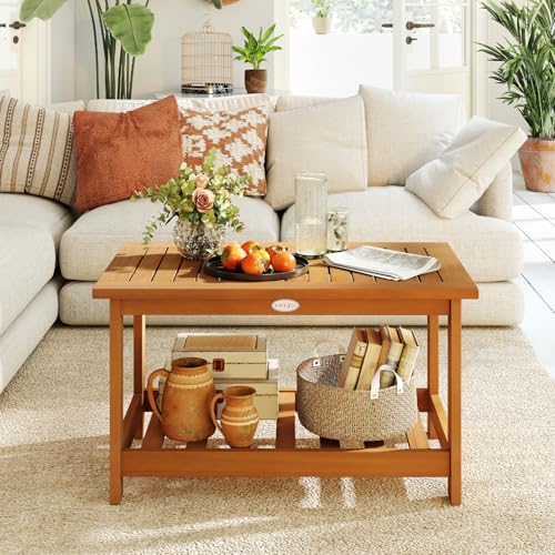 Tangkula Outdoor Acacia Wood Coffee Table, Patio 29.5” Rectangle Slatted 2 Tier Coffee Table with Storage Shelf, for Outside Balcony Patio Poolside