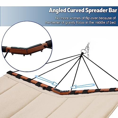 TegerDeger 12FT 2 Person Hammock with V Shaped Hardwood Spreader Bar & Nylon Rope for Outside, Patio, Garden, Backyard, Beach, Poolside, 450LB Capacity, 55in x 79in - Beige
