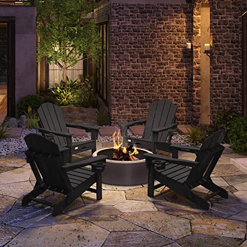 Mdeam Folding Adirondack Chair with Retractable Ottoman, HDPE All-Weather Fire Pit Chair with 2 Cup Holders, Outdoor Chair for Deck Patio Garden Backyard Lawn (Black)