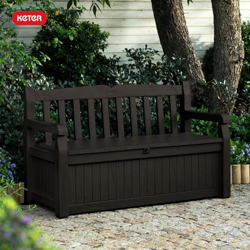 Keter Solana 70 Gallon Storage Bench Deck Box for Patio Furniture, Front Porch Decor and Outdoor Seating – Perfect to Store Garden Tools and Pool Toys, Brown/Brown