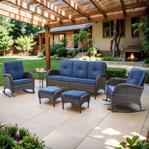 Belord Outdoor Ottomans for Patio Foot Rest - 25 Inch PE Wicker Foot Stool Set of 2 with Removable Cushions for Patio Furniture Sets,All Weather Rattan Ottoman for Balcony Deck Backyard Brown