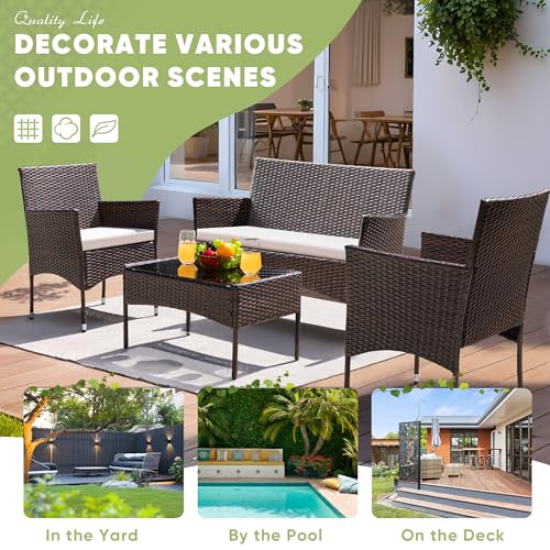 Greesum Patio Furniture 4 Pieces Conversation Sets Outdoor Wicker Rattan Chairs Garden Backyard Balcony Porch Poolside loveseat with Cushion and Glass Table, Brown and Beige