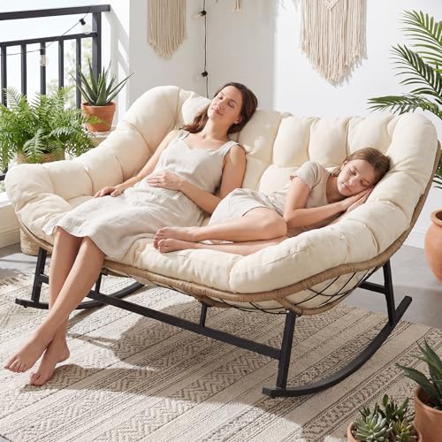 NICESOUL Oversized Double Rocking Papasan Chair with Thick Cushion, 2 Person Big Wicker Outdoor Comfy Recliner, Extra Large Heavy Duty Egg Loveseat for Patio, Balcony, Backyard, Garden, Beige
