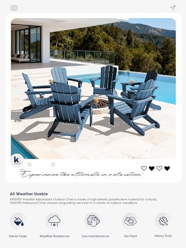 KINGYES Folding Adirondack Chair Set of 2, HDPE All-Weather Patio Chairs with Cup Holder, Wooden Textured Fire Pit Chairs for Poolside, Backyard, Deck, Navy
