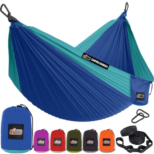 GORILLA GRIP Durable Camping Hammock with Heavy Duty Tree Straps, Portable Hammocks for Outside, Easy to Use Travel Swing Chair, Outdoor Camper Hiker Essentials, Backpacking Gear Gifts, Double, Blue