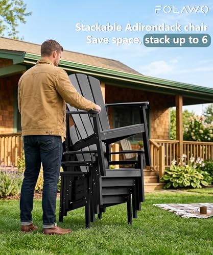 FOLAWO Adirondack Chair Set of 4, All Weather HDPE Fire Pit Chairs, Oversized Plastic Adirondack Chair for Outdoor, Balcony, Deck, Backyard, Patio, Garden, Poolside, Lawn Black