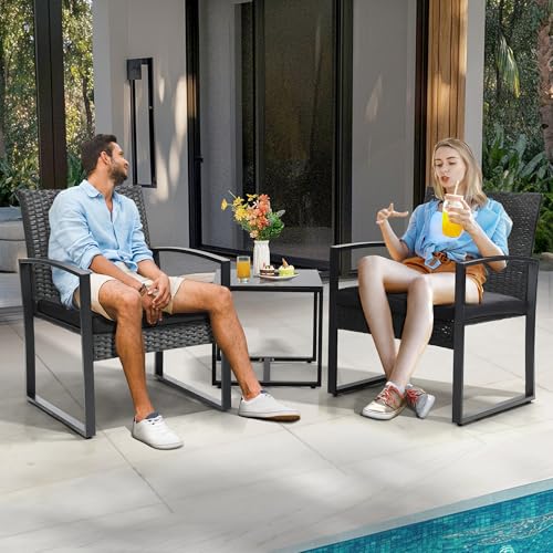 Skandiquip 3 Piece Outdoor Wicker Bistro Set, Rattan Patio Conversation Set with Coffee Table & Washable Cushions for Porch Yard Balcony, Black/Black