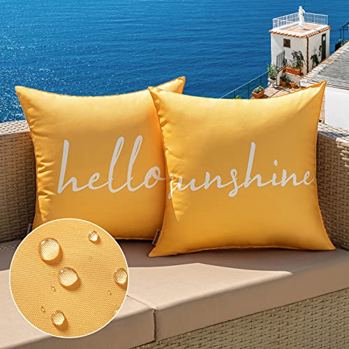 MIULEE Outdoor Waterproof Throw Pillow Covers Set of 2 Spring Hello Sunshine Decorative Outdoor Square Pillowcases for Chair Patio Garden Couch Tent Balcony Sofa Summer Yellow 18x18 Inch