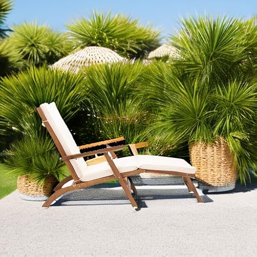 SAFAVIEH Outdoor - Palmdale Chaise Lounge Chair - Brown & Beige - Solid Wood with Cushion - Deck-Chair Design - Ideal for Patio, Poolside, Backyard, 21.9"W x 56.3"D x 36"H (PAT7015C)