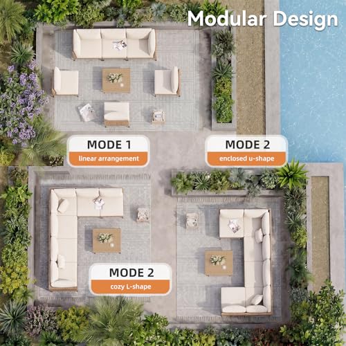 Aoxun 7-Piece Patio Furniture Set, Wicker Outdoor Furniture with Water Resistant Thick Cushions, Patio Conversation Set Outdoor Sectional Sofa with Coffee Table for Backyard Poolside, Beige