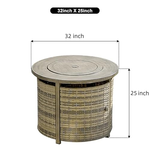 OutVue 32 inch Propane Fire Pit Table,Wicker Gas Fire Pits Table with Lid & Lava Rocks, 50000 BTU Round Propane Firepit for Outside, Fire Table for Dining,Party, Patio,Yard