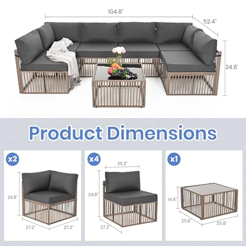 Pamapic 7 Pieces Outdoor Sectional Set, All-Weather PE Rattan Patio Conversation Set, Wicker Adjustable Patio Furniture Set with Washable Cushions Covers and Coffee Table, Brown Rattan, Gray Cushion
