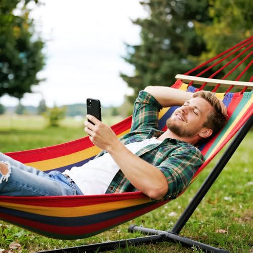MOSFiATA Hammocks Portable Camping Hammock Upgraded 550lb Comfortable Fabric Hammock with Two Anti Roll Balance Beam and Sturdy Tree Straps for Camping, Patio, Backyard, Outdoor (Colorful Stripe)
