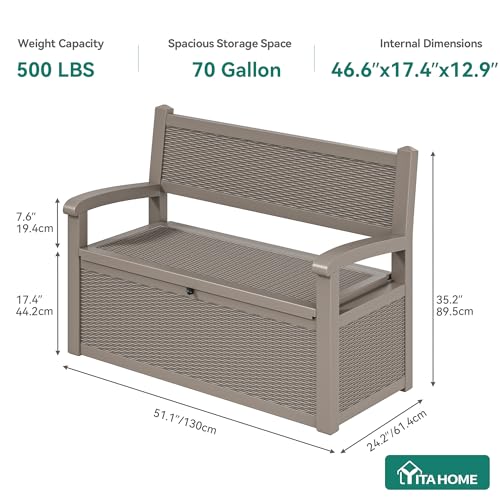 YITAHOME 70 Gallon Deck Bench with Storage, Outdoor Storage Box Bench with Armrests for Patio Garden Pool Porch, Waterproof&Lockable, Light Brown