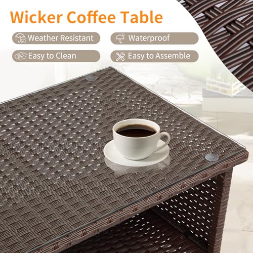 VINGLI Outdoor Wicker CoffeeTable Patio Coffee Tables for Outside, Tempered Glass Top Wicker Table with Storage Coffee Table for Patio Balcony Porch Deck (Brown)